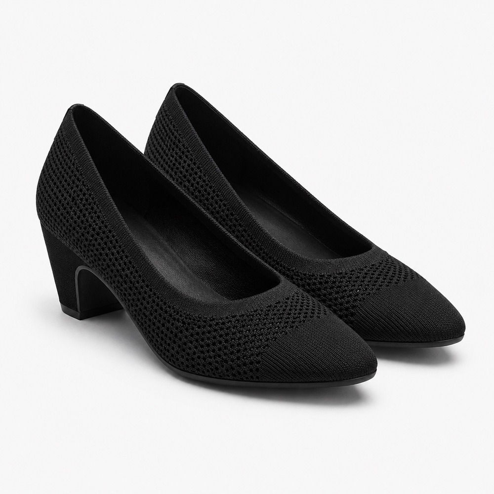 Eileen Fisher Gabby Pumps Womens 8 Black Stretch Knit Pointed Block Kitten Heel‎